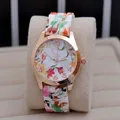 Detail of rose gold watch case with floral dial and matching printed links strap - Floral Print Pattern 5