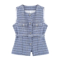 Chaleco de tweed para mujer en azul y blanco con botones metálicos y un cinturón a juego en la cintura - XS / Azul