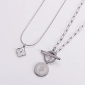 Silver titanium layered necklace featuring clover and coin charms with an OT toggle clasp - Steel Color Double Layer Clover Coin Necklace