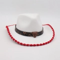 White felt cowboy hat with red stitched brim and bronze leopard buckle detail - One Size / White Red Trim (Leopard Buckle)