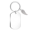 Detail of polished stainless steel keychain with angel wing charm and blank dog tag - Alloy Feather Charm
