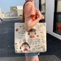 Japanese style cream white canvas tote bag with cute cartoon girl illustration - Graffiti Girl - Beige