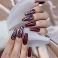 Long coffin burgundy matte and multicolor glitter press-on nails shown on hands - Matte Wine Red and Multi-Color Glitter (JP0467-04)