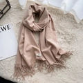 Soft thick faux cashmere scarf in light pink with fringes and aesthetic label - Melange Beige