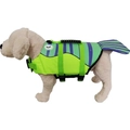 Dog life jacket in bright green and purple stripes with reinforced safety handle on back - Eyes Fish Green