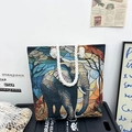 Colorful elephant embroidered canvas tote bag with white rope handles for casual wear - Colorful Mosaic Elephant