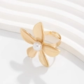Elegant gold flower ring with a white pearl center and adjustable open band design - 01 Light Gold Flower Pearl