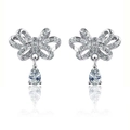 Silver bow earrings with sparkling crystals and water-drop pendants on white background - Bowknot Teardrop Dangle Earrings (ED170)