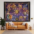 Abstract zodiac tapestry with sun and moon designs hanging over a modern orange sofa - Fantasy Sun and Moon Style (GT2285)