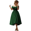 Elegant off-shoulder A-line satin evening dress in deep green with a glossy finish - US size 12 (L) / Bottoms / Dark Green