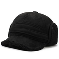 Casquette de baseball d'hiver avec cache-oreilles en daim noir et doublure en peluche - Taille unique / Noir