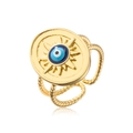Detail eines vergoldeten Evil-Eye-Rings mit Sonnenstrahlmuster und doppeltem Kordelband - Einstellbar Offen / Gold
