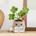 Handmade knitted green four-leaf clover plant with 'Thank you for helping me grow' card - Beige Pot - Clover