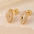 Macro view of gold marquise studs with zircon paving and screw back closure - Gold Olive Marquise Leaf Shape