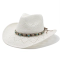 Ethno-Strohhut im Cowboy-Stil in Weiß mit Türkis-Verzierungen und geschwungener Krempe - M (56-58cm) / Weiß