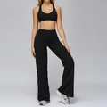 Women's black yoga set with high-waist flared pants and racerback sports bra - Black (Bra+Wide Leg Pants)