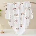 Soft cotton muslin baby swaddle blanket with bear and rainbow print in white - Bear