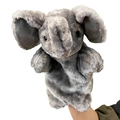Marionnette à main éléphant en peluche grise pour jeux de rôle sur fond blanc - Éléphant