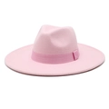 Detailed view of pink wool fedora hat with wide brim and matching grosgrain ribbon bow - M (56-58cm) / Pink