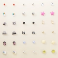 Set of 20 pairs of colorful alloy stud earrings with geometric shapes and cute cartoon motifs - 20 Pairs Set Smiley Face Square Mushroom