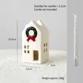 White ceramic Christmas house candle holder with green wreath and red bow, 10.5x5.5x5cm - Large Size Candlestick
