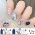 LTMZ 030 blue and white nail stickers with marble texture and floral gold details - MZ-030 Blue White Floral Marble