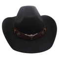 Classic black Western cowboy hat featuring a brown leather band and bull skull metal ornament - Black