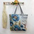 Artistic floral woven tote bag with blue flowers and striped handles for women - Blue Flower