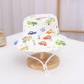 White cotton kids bucket hat with colorful cartoon vehicles print and windproof cord - 37 White-background Toy Cars / 54cm