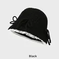 Black knitted bucket hat with white lace trim and bow accent for a sweet Japanese style - M (54-58cm) / Black