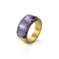 Brede goudkleurige geborstelde titanium ring met rechthoekige paarse facet geslepen steen - US 7 / Goud Paars (KR52392-K)