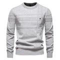 Close-up of light grey crew neck knit sweater texture and size label detail - S / Light Grey
