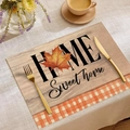 Fall placemat with HOME text and orange plaid border, autumn table decor for dining - HOME Sweet Home Maple Leaf Plaid