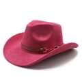 Detail of rose red western cowboy hat with brown leather belt and metal buckle - M(56-58cm) / Rose Red (Suede)