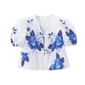 Top de lino blanco para mujer con estampado floral azul, cuello en V y lazadas - S / Estilo Floral Azul