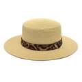 Cappello di paglia a testa piatta stile francese con nastro leopardato e fibbia - M (56-58cm) / Beige