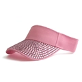 Detailed view of pink knitted sun visor featuring sparkling rhinestones on the brim - Pink + Pink Rhinestones