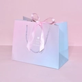Pink and blue gradient gift paper bag with a satin bow and braided silver handles - Heart Design with Pink Ribbon / Small 18*16*10cm