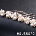 Rose gold hair pins set with white faux pearls and crystal rhinestones in flower pattern - HS-J3281RG Rose Gold 6Pcs Pearl Rhinestone Hair Pins