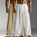 Two-pack men's loose cotton linen trousers in white and khaki with drawstring waist - S / Bottoms / 2PCS / Khaki + White
