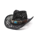 Dettaglio cappello cowboy in paglia nera con fascia boho turchese e trama intrecciata cava - M (56-58cm) / Nero
