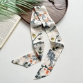 Green silk scarf hair band with landscape ink painting and orange floral patterns - Pavilions and Terraces