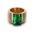 Wide gold-tone titanium steel ring featuring a rectangular emerald-cut green stone - Emerald Green Stone Style (KR34704-K)