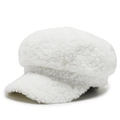White lamb wool newsboy cap for women made of warm fleece material in solid color - White