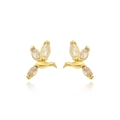Detail shot of gold-plated bird stud earrings with marquise-cut zircon wings on white base - Clear Flying Bird Style (Style 4)