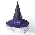 Classic black oxford witch hat with purple spider web lace and sparkling rhinestone buckle - Purple Spider Web