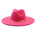 Detail of fuchsia fedora hat featuring a polished gold belt buckle and felt texture - M (56-58cm) / Rose Red
