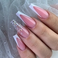 Rosa French V-Tip lange Sarg-Kunstnägel mit silbernem Glitzer und dekorativer Spitze - JP2732 Kleber-Stil