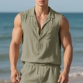 Ensemble d'été pour homme avec chemise sans manches en lin vert olive et short de plage - S / Vert Armée