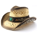 Chapeau de cowboy vintage en paille avec bandeau brodé et pierre turquoise verte - M (56-58cm) / Beige